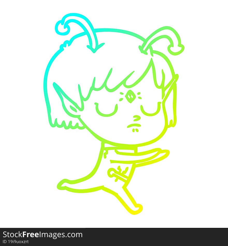 cold gradient line drawing of a cartoon alien girl