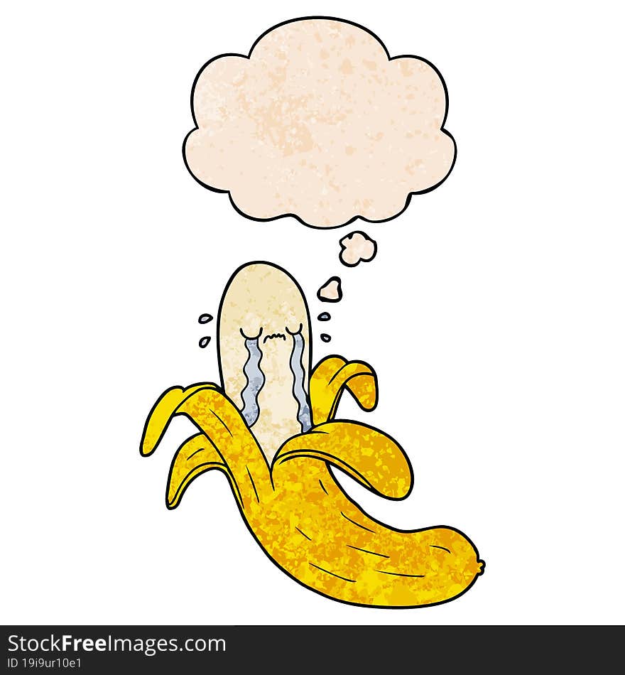 cartoon crying banana and thought bubble in grunge texture pattern style