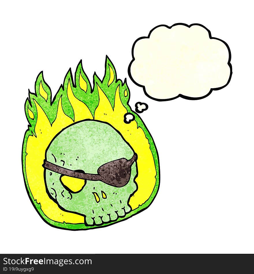 cartoon skull with eye patch with thought bubble