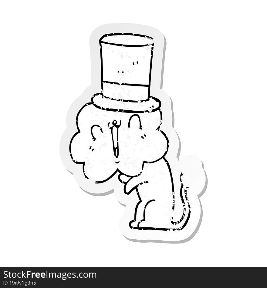 distressed sticker of a cute cartoon lion wearing top hat