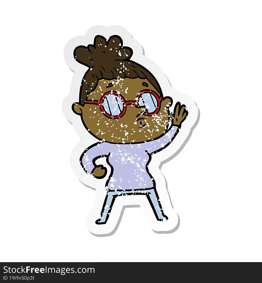 distressed sticker of a cartoon woman wearing glasses