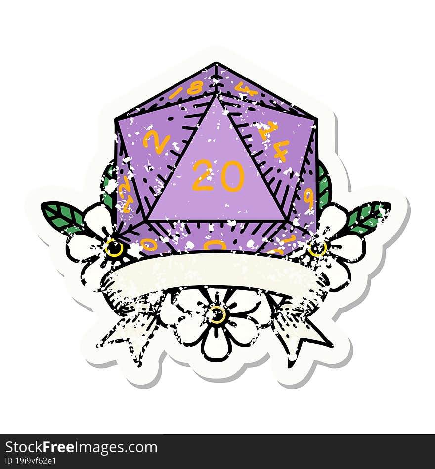 natural 20 critical hit D20 dice roll grunge sticker