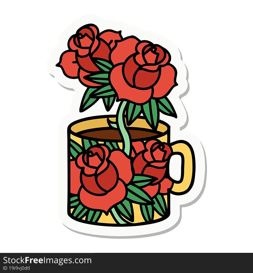 tattoo style sticker of a cup and flowers