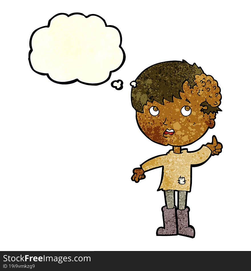 cartoon boy with growth on head with thought bubble