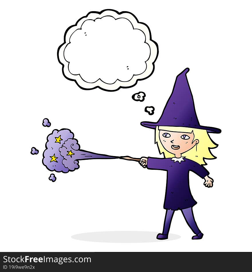 cartoon witch girl casting spell with thought bubble