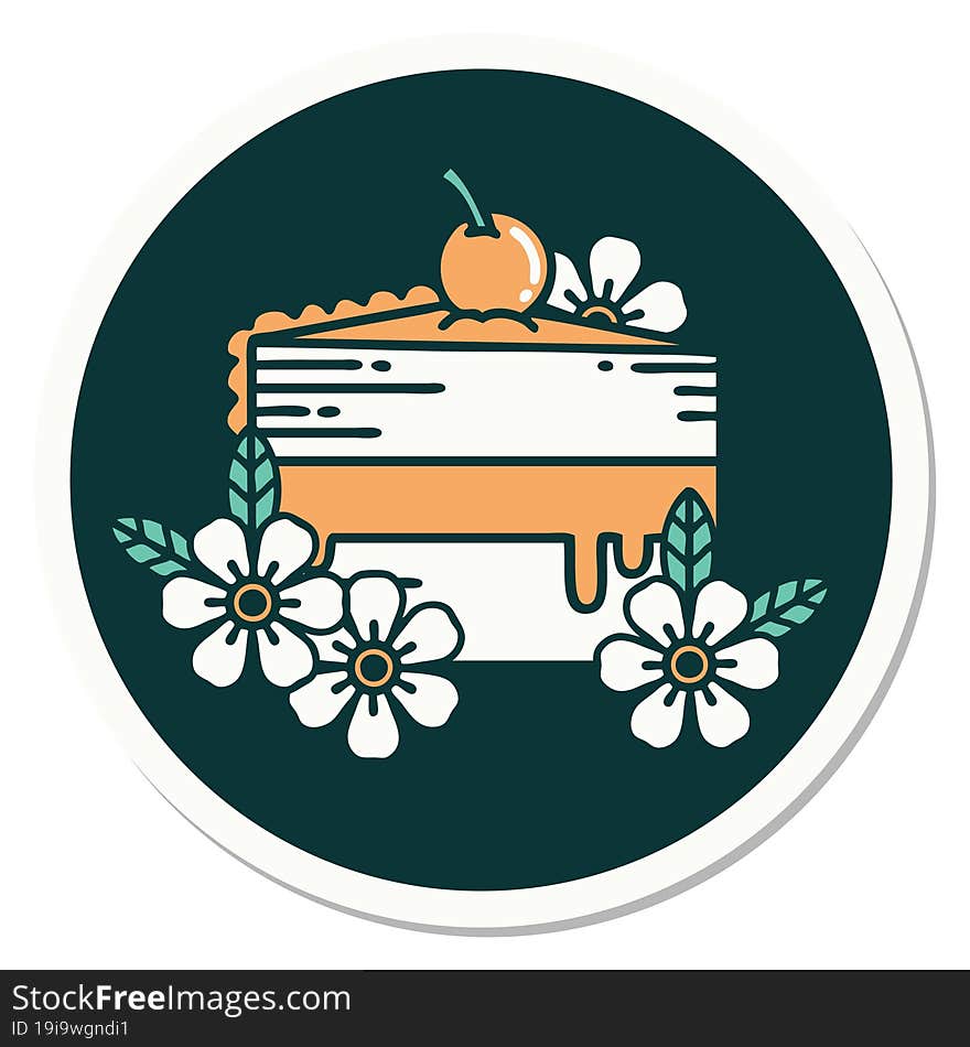 Tattoo Style Sticker Of A Slice Of Cake And Flowers