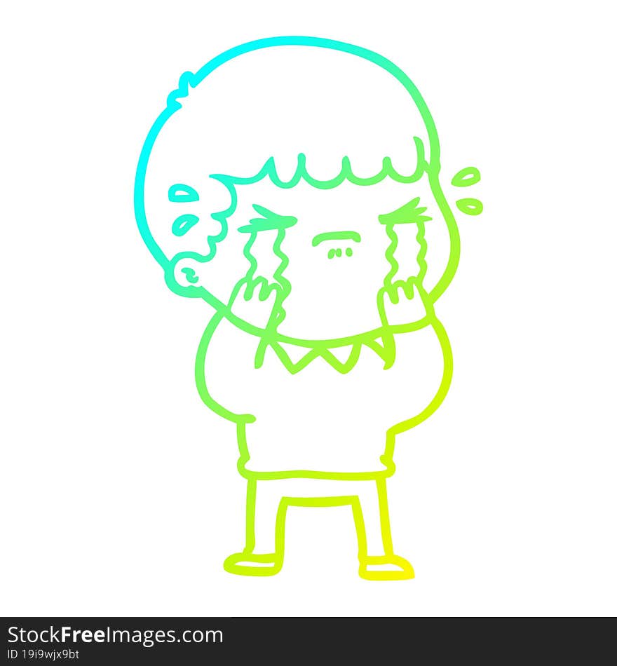 cold gradient line drawing of a cartoon man crying