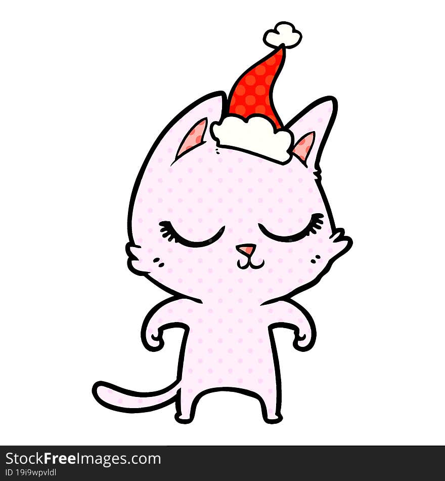 calm comic book style illustration of a cat wearing santa hat