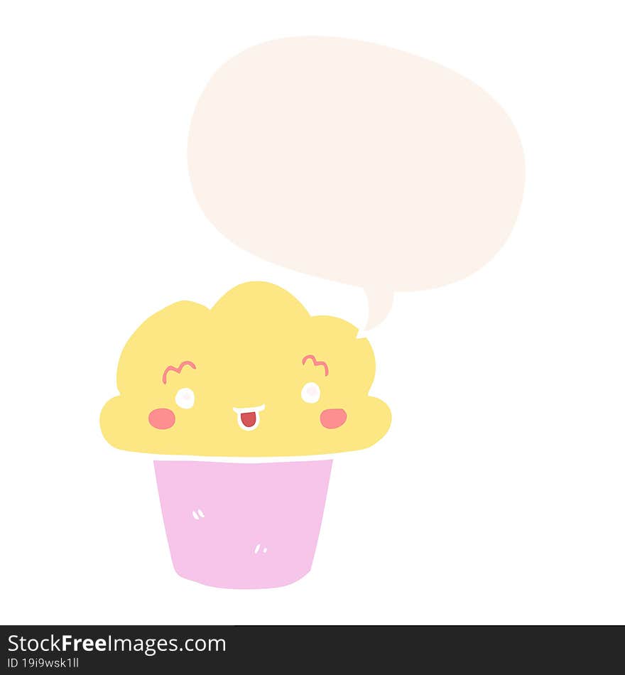 Cartoon Cupcake And Face And Speech Bubble In Retro Style