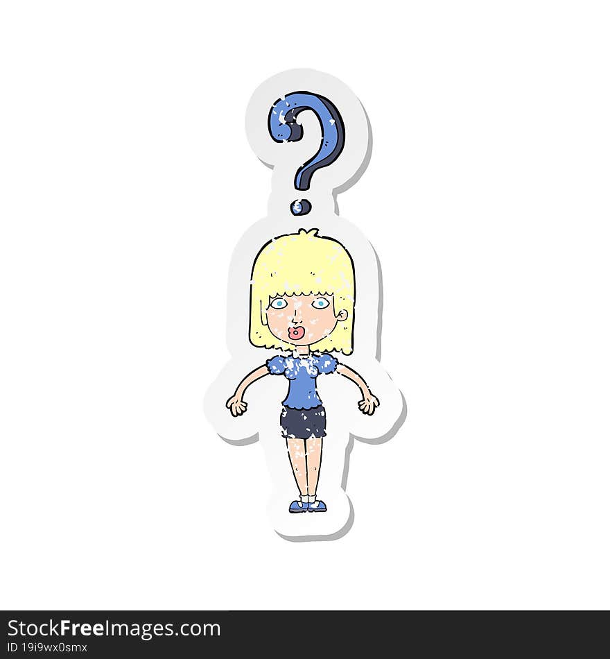 retro distressed sticker of a cartoon confused woman