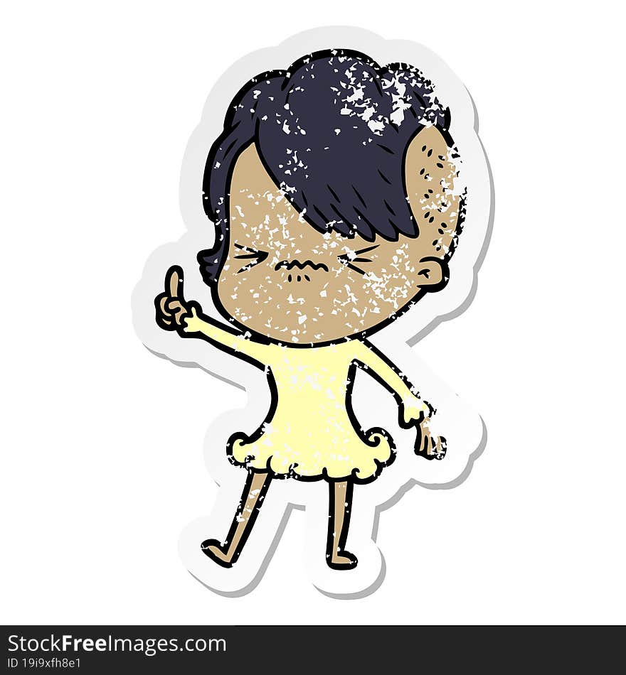 distressed sticker of a cartoon annoyed hipster girl