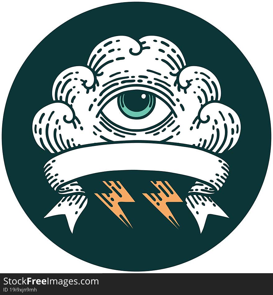 tattoo style icon with banner of an all seeing eye cloud