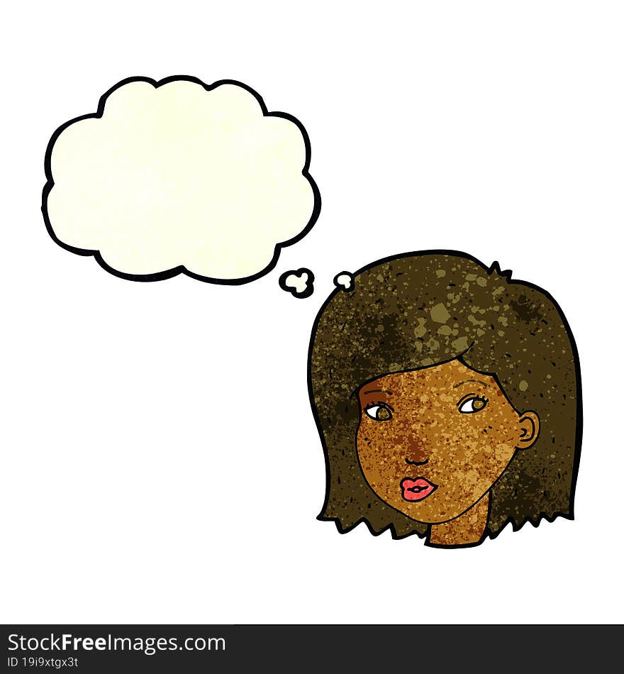 cartoon female face with thought bubble