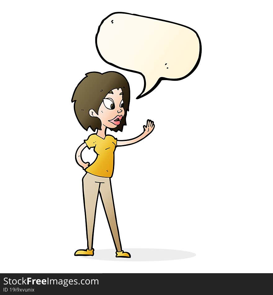 cartoon woman waving with speech bubble