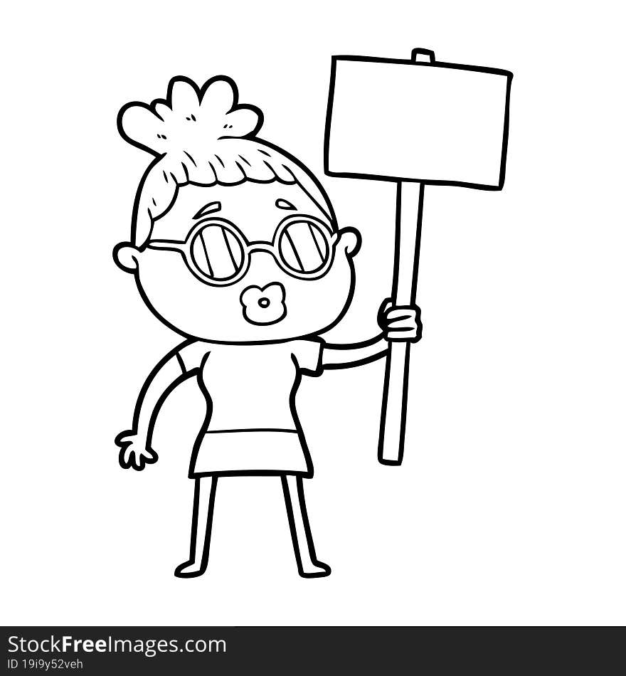 cartoon protester woman wearing spectacles. cartoon protester woman wearing spectacles