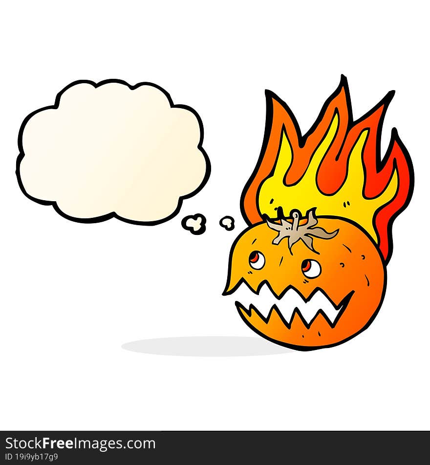 cartoon flaming pumpkin with thought bubble