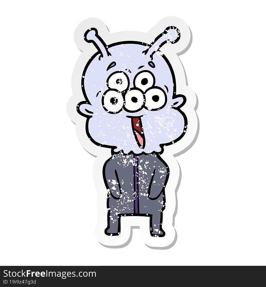 distressed sticker of a happy cartoon alien