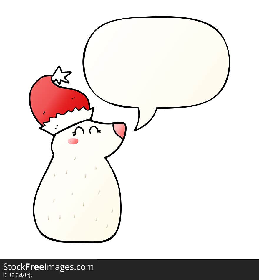 cartoon bear wearing christmas hat and speech bubble in smooth gradient style