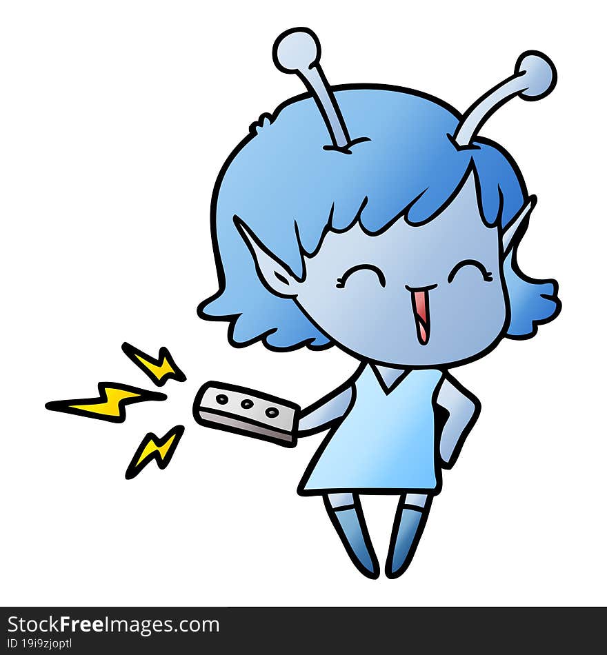 cartoon alien girl laughing with remote control. cartoon alien girl laughing with remote control