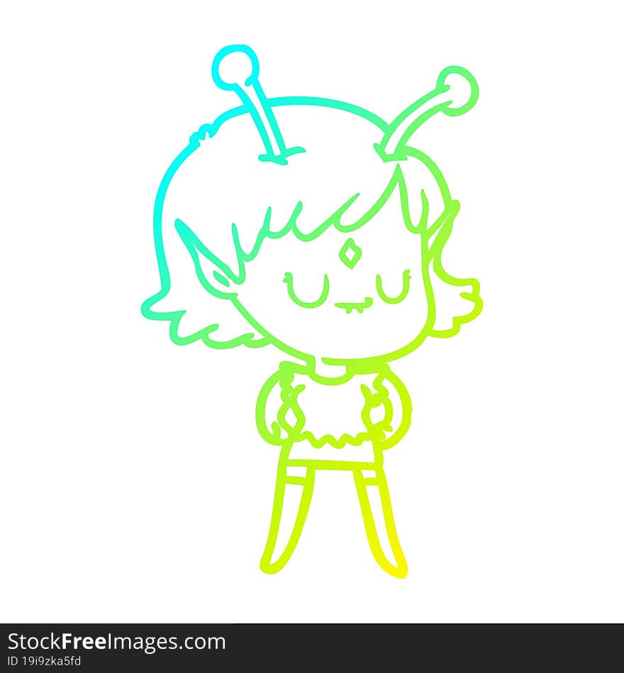 cold gradient line drawing of a cartoon alien girl