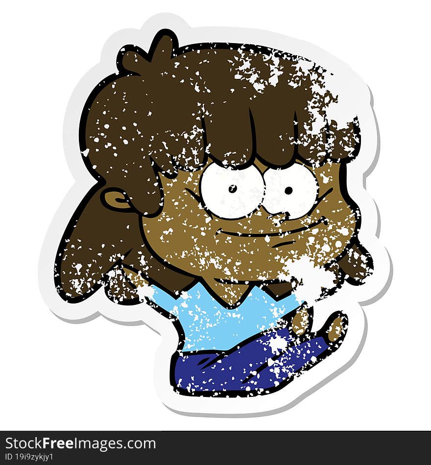 distressed sticker of a cartoon smiling woman