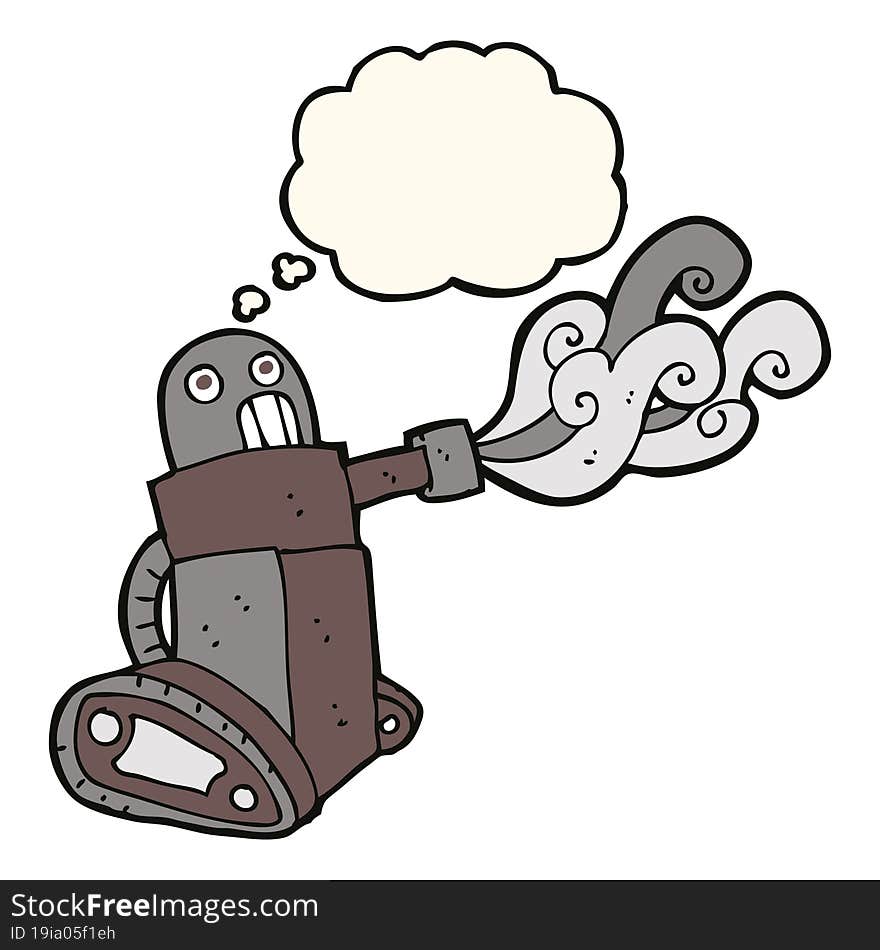 cartoon tank robot with thought bubble