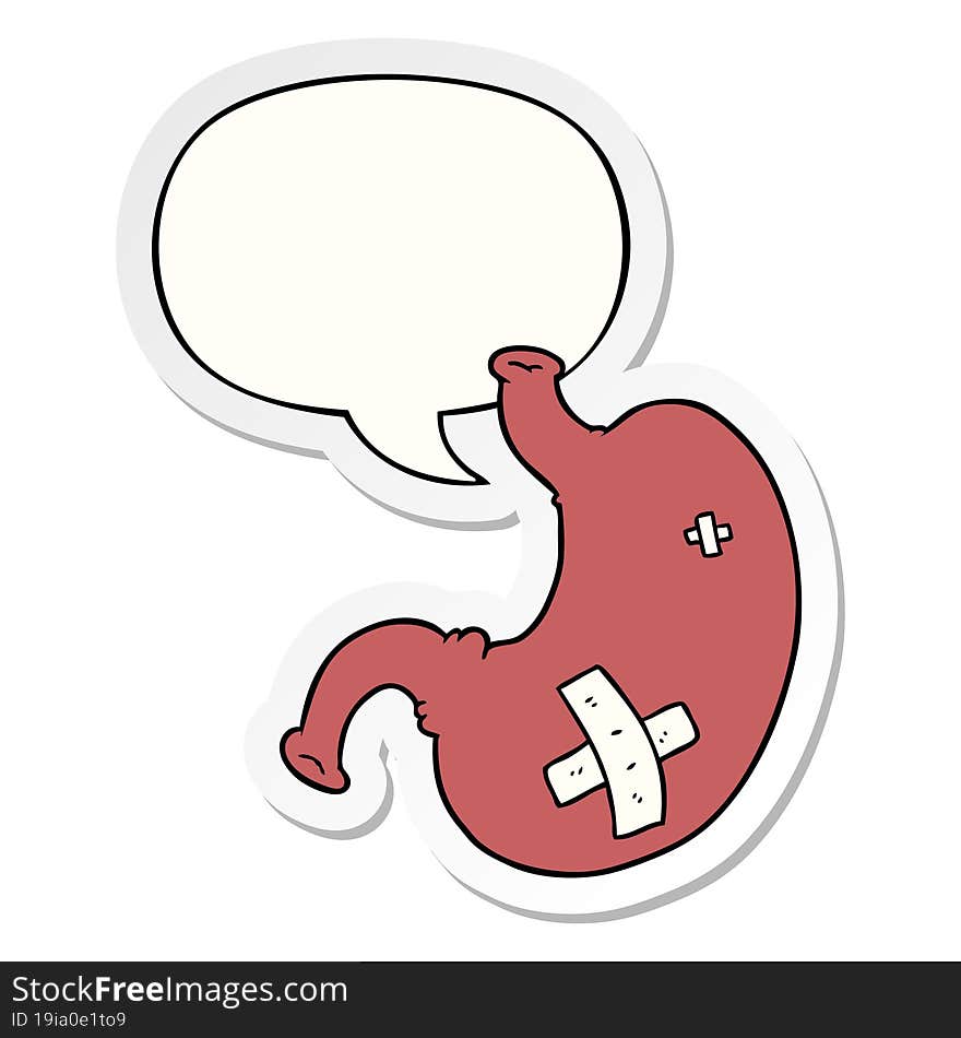 cartoon stomach with speech bubble sticker. cartoon stomach with speech bubble sticker