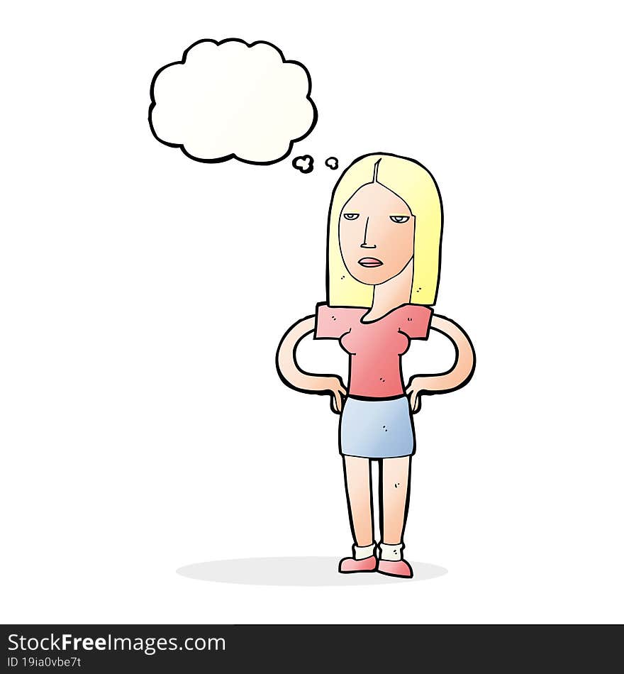 cartoon woman with hands on hips with thought bubble