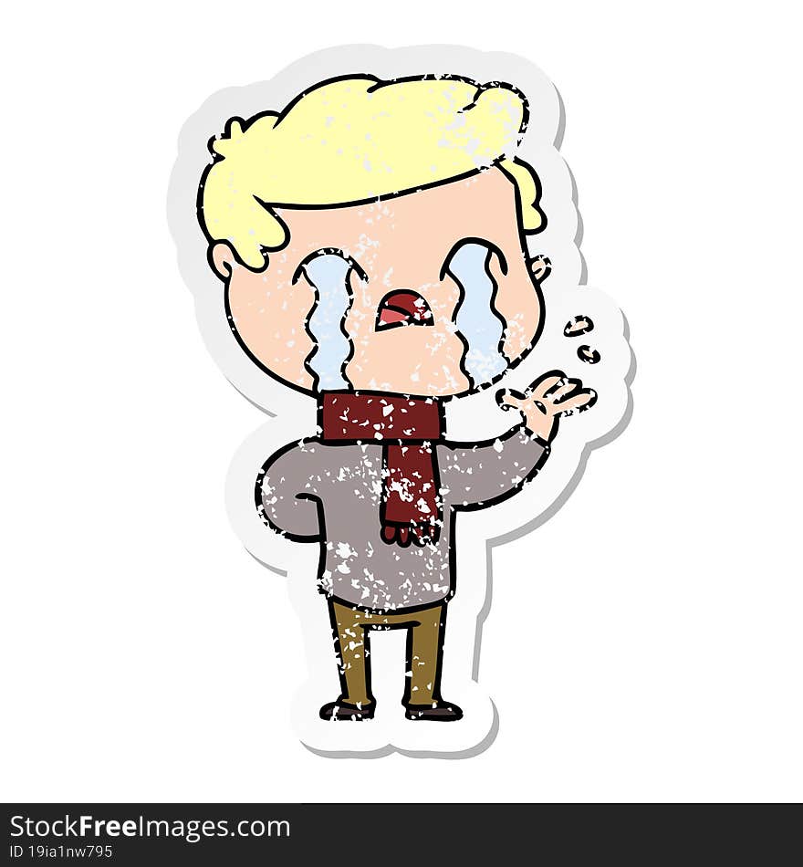 distressed sticker of a cartoon man crying wearing winter scarf