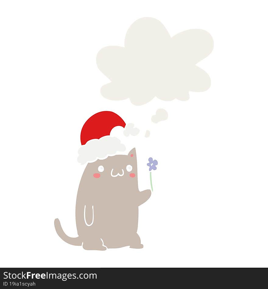 cute cartoon christmas cat and thought bubble in retro style