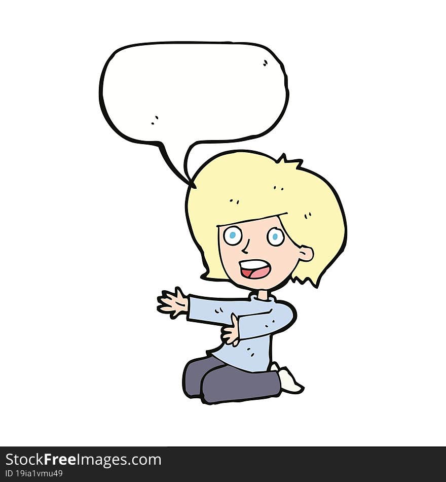 Cartoon Shocked Woman On Knees With Speech Bubble