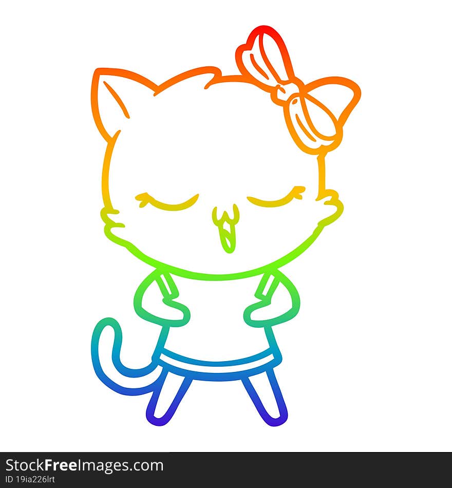 Rainbow Gradient Line Drawing Cartoon Cat With Bow On Head