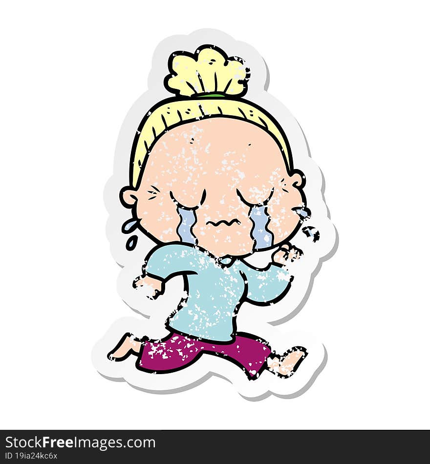 Distressed Sticker Of A Cartoon Crying Old Lady