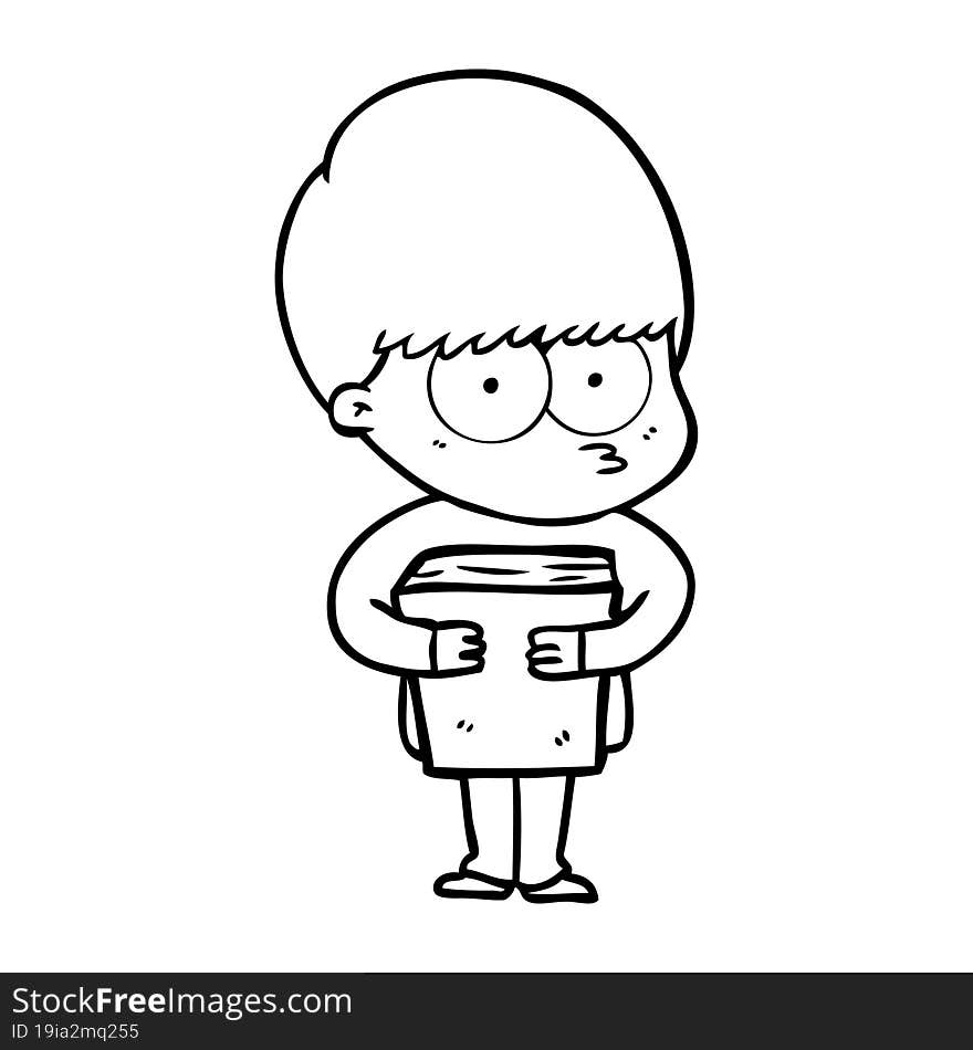 nervous cartoon boy holding book. nervous cartoon boy holding book