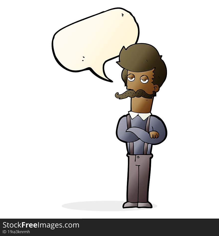 cartoon man with mustache with speech bubble