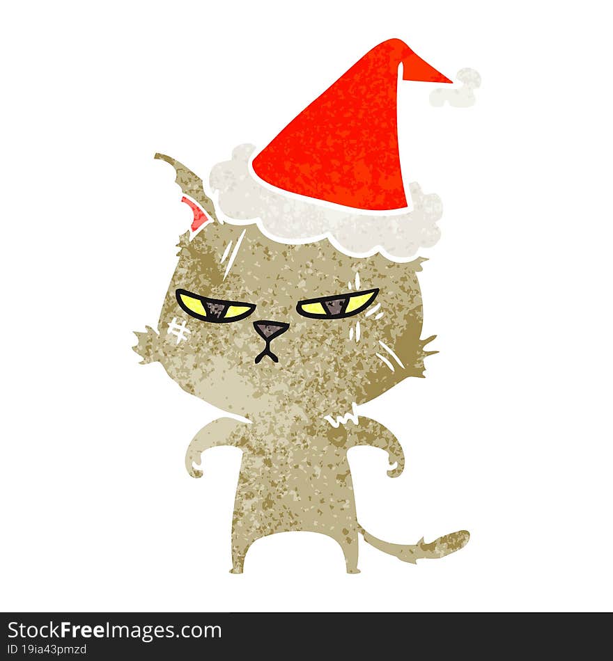 tough retro cartoon of a cat wearing santa hat