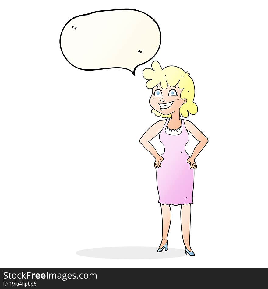 freehand drawn speech bubble cartoon happy woman wearing dress