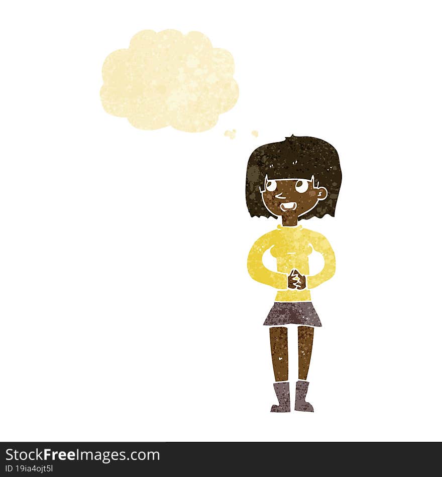 cartoon friendly woman with thought bubble