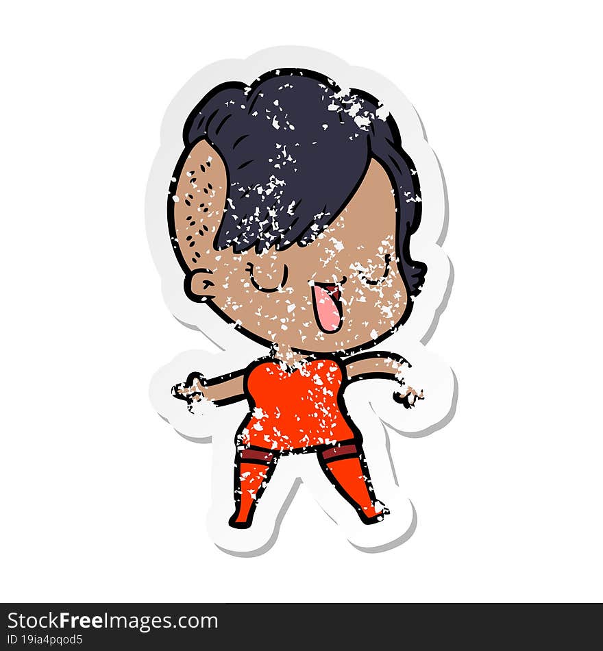 distressed sticker of a cute cartoon girl with hipster haircut