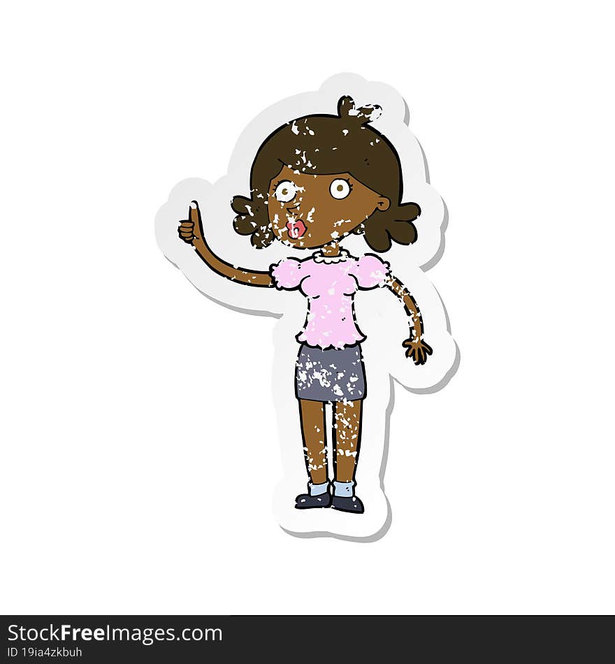 retro distressed sticker of a cartoon woman with idea