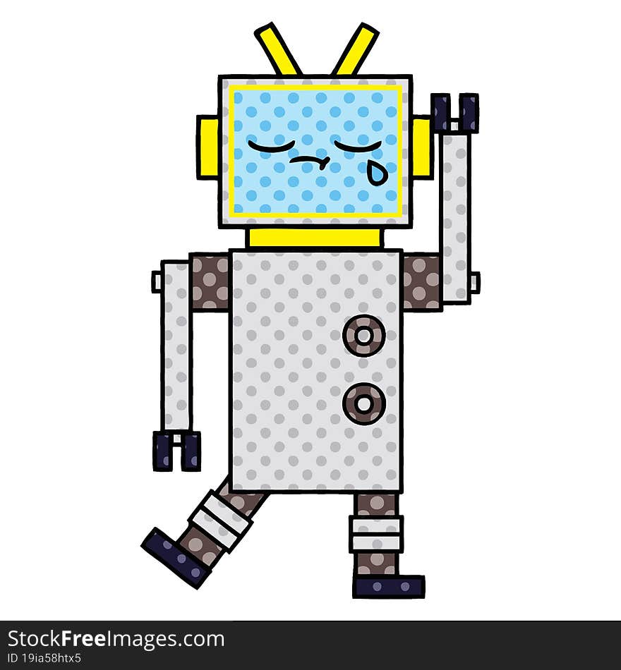 comic book style cartoon of a crying robot