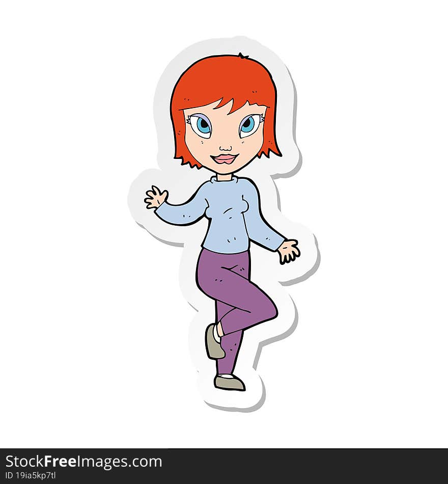 Sticker Of A Cartoon Pretty Woman Waving