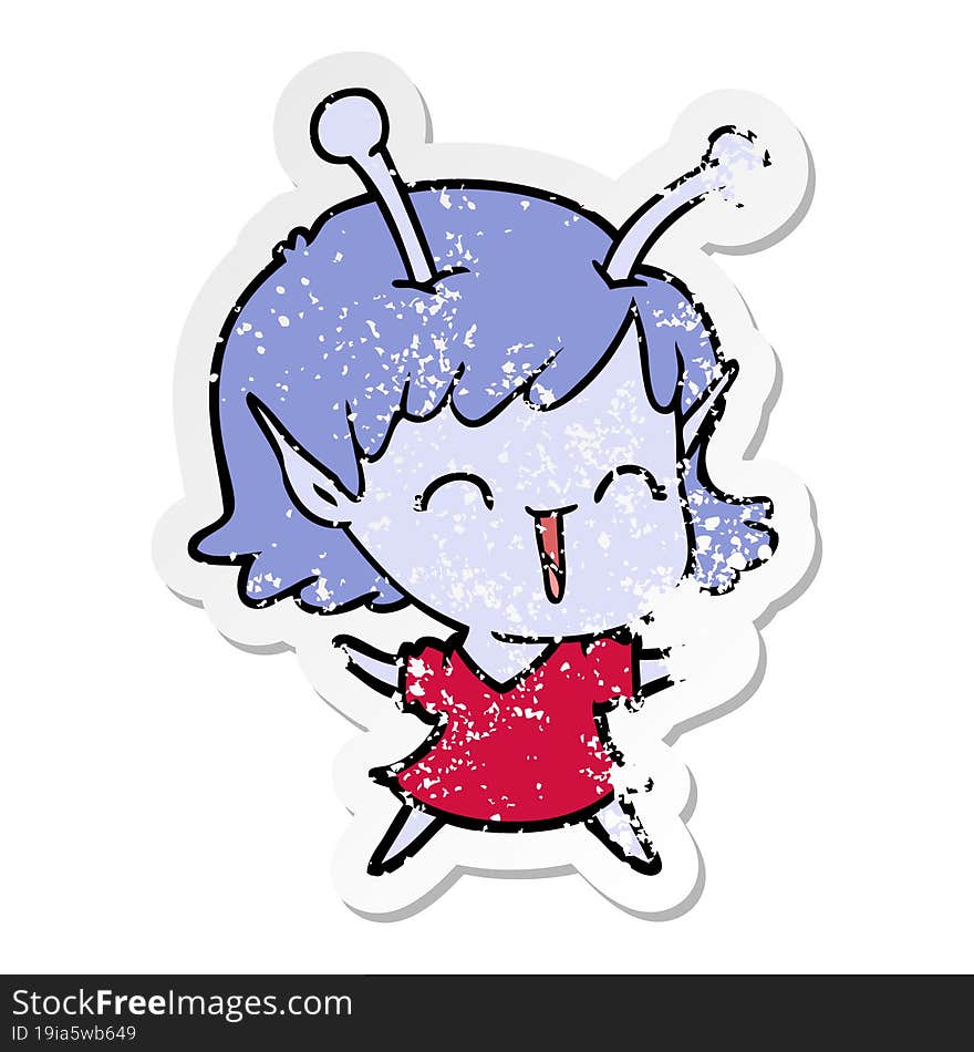 distressed sticker of a cartoon alien girl laughing