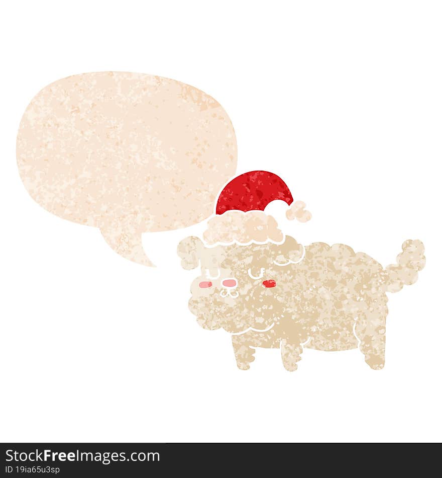 cute christmas dog and speech bubble in retro textured style