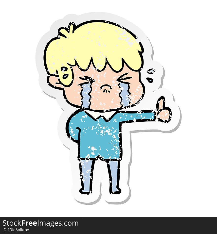 Distressed Sticker Of A Cartoon Boy Crying