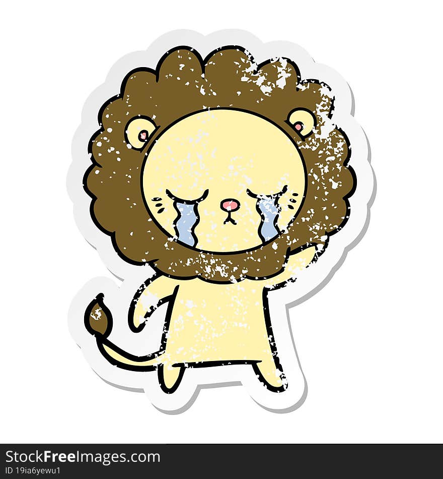 distressed sticker of a crying cartoon lion