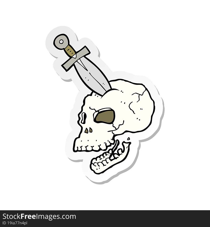 Sticker Of A Cartoon Dagger Stuck In Skull