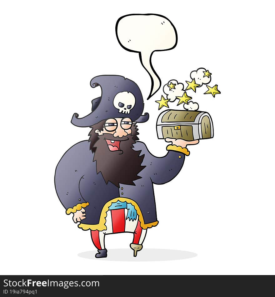 freehand drawn speech bubble cartoon pirate captain with treasure chest