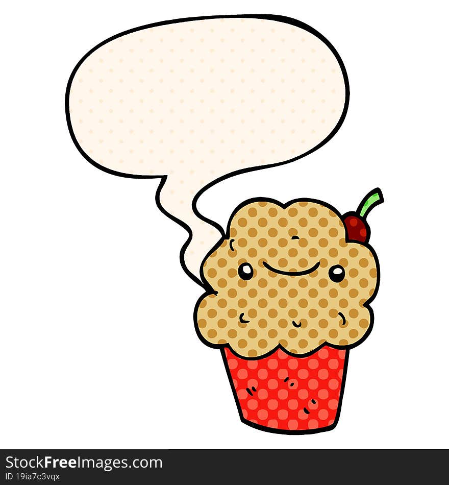 cartoon cupcake and speech bubble in comic book style