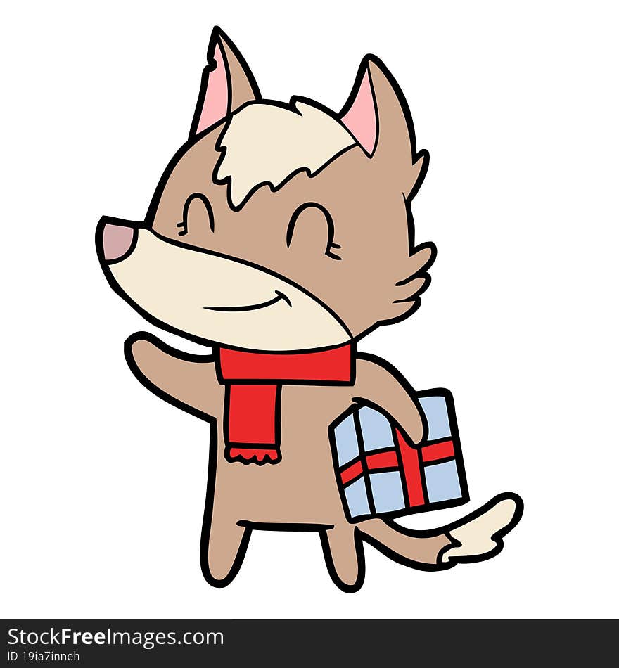 friendly cartoon wolf with present. friendly cartoon wolf with present